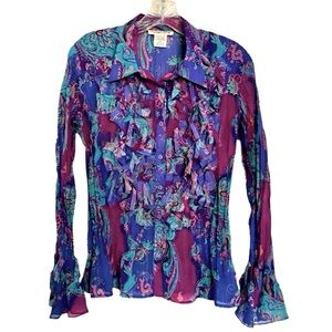 Vintage Purple Crinkle Fringe Appliqué Metallic Thread Sheer Blouse size M
